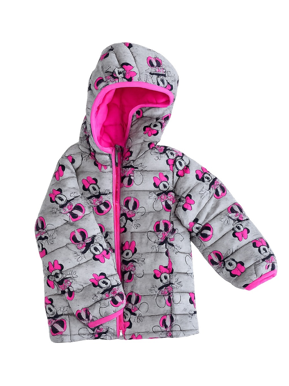 GAP Kids Disney Minnie Mouse Puffer Jacket Girls Size 4T Gray Pink Hooded Coat